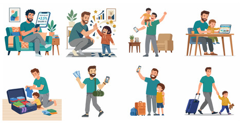 Fototapeta premium Father and son planning a family vacation, managing savings, and packing luggage for a trip illustration set