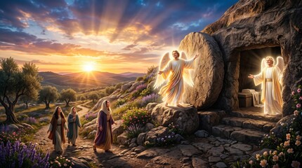 Fototapeta premium Angels at empty tomb of Jesus Christ announce resurrection to three women at sunrise. Biblical scene with glowing angel near rolled stone in garden.