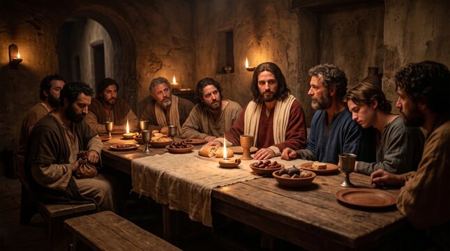 Jesus Christ with twelve apostles sharing last supper at wooden table lit by candles. Biblical scene in ancient stone room with bread and wine.