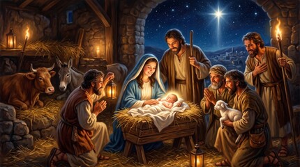 Fototapeta premium Nativity scene with baby Jesus in manger, Mary and Joseph surrounded by shepherds and animals in stable. Bright star of Bethlehem shining over night sky above holy family.