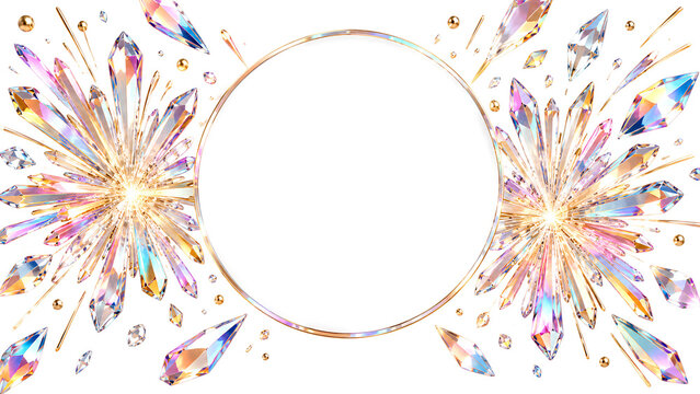 Luxurious round gold frame bordered by shimmering holographic geometric crystals on white background