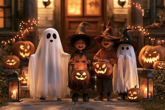 Illustration of little children in Halloween costumes in front of house, trick or treating in neighborhood