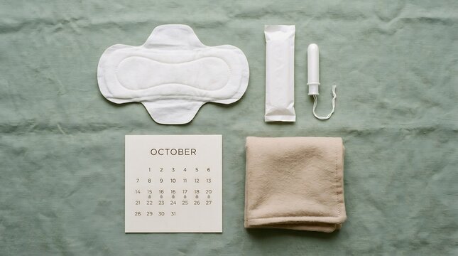 Menstrual hygiene kit with sanitary pad, tampons, and period tracking calendar on green fabric background