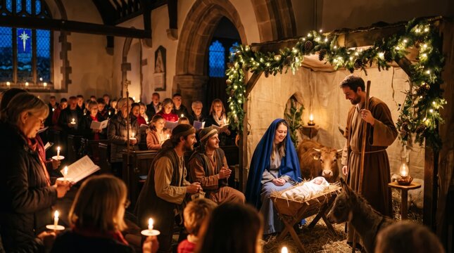 People holding candles watch living nativity scene with baby Jesus in manger at church. Woman as Mary and man as Joseph perform Christmas nativity play with actors in costumes.