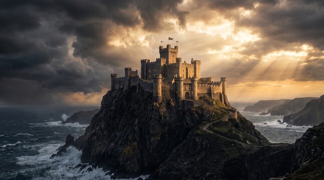 Ancient medieval castle standing on rocky cliff above stormy sea at sunset. Dramatic golden light breaks through dark clouds over fortress towers.
