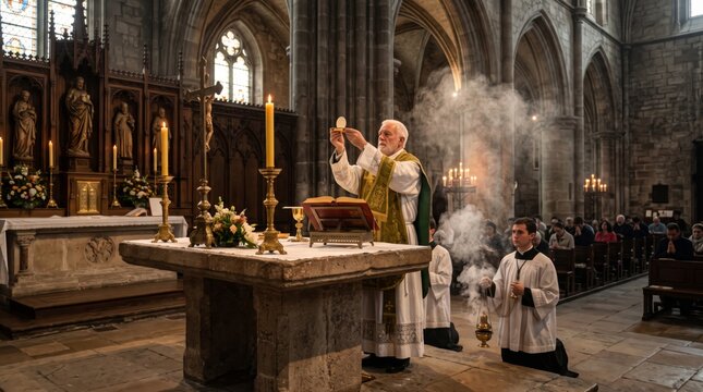 Priest raising Eucharist host during Catholic mass at stone altar in gothic cathedral. Altar boy kneeling with incense smoke and candles near crucifix.