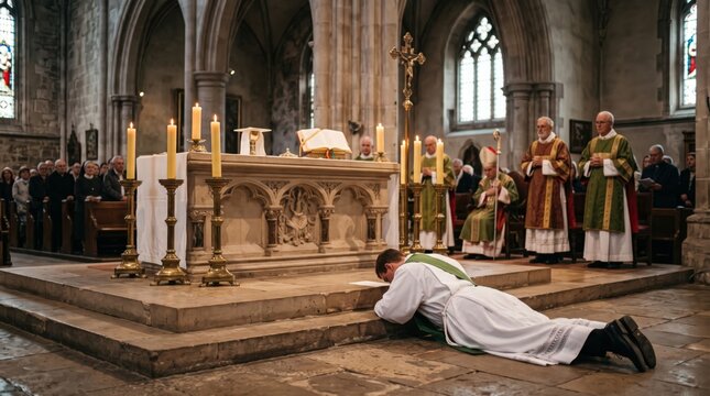 Catholic priest lying prostrate before stone altar during ordination mass. Bishop and clergy in vestments pray inside gothic cathedral with candles and crucifix.
