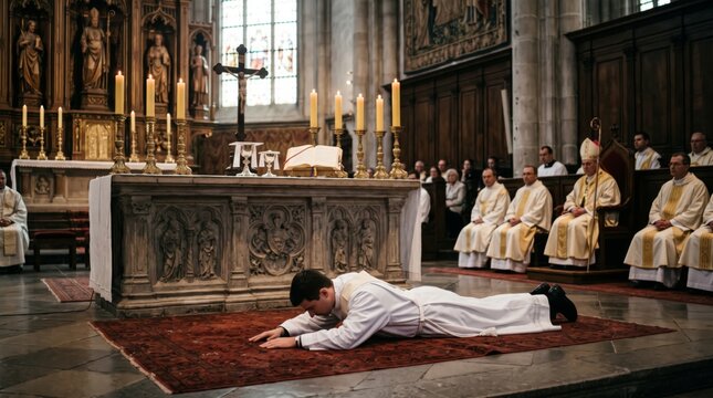 Priest in white robe lying prostrate on floor before altar during catholic mass. Bishop and clergy in vestments seated in gothic cathedral with candles and crucifix.