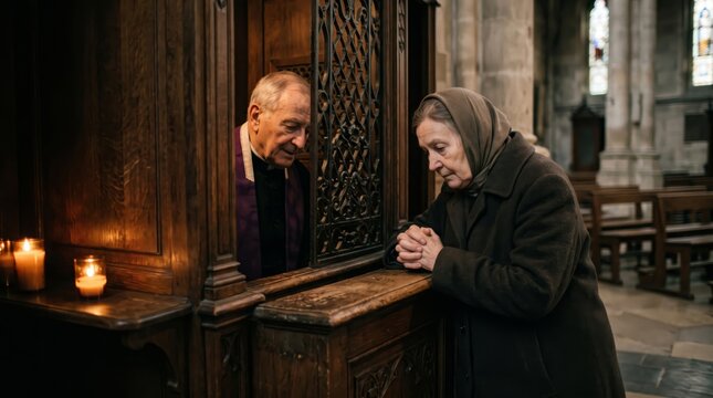 Senior woman kneeling at confessional booth with priest listening inside old catholic church. Elderly man in vestment hears confession behind wooden lattice with burning candles.
