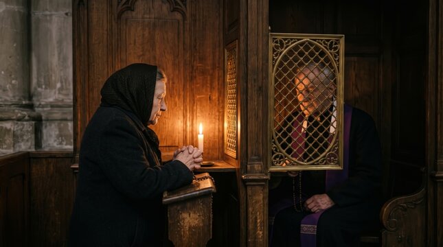 Senior woman praying with rosary during confession in catholic church. Elderly priest in purple stole listens behind wooden confessional screen by candlelight.