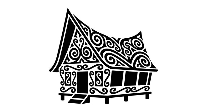 Minimalist Black and White Indonesian Batak Rumah Bolon House Formed by Gorga Simeol Meol Carving Pattern Vector Illustration

