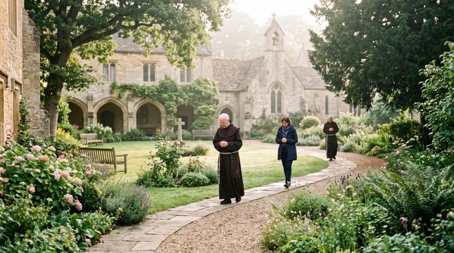 Monks and woman praying while walking in peaceful monastery garden with stone chapel. Christian monks with rosary beads meditating among flowers.