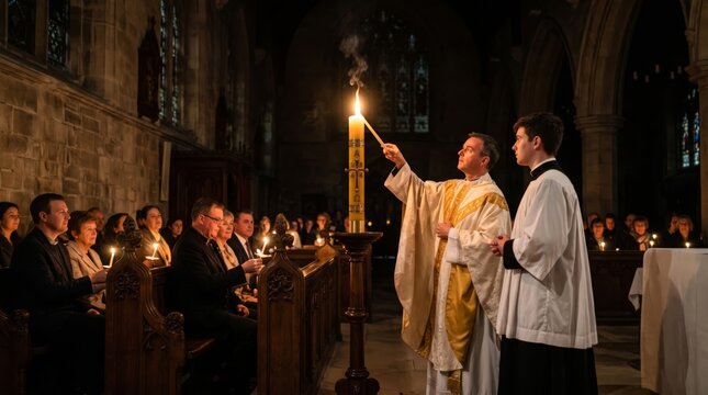 Priest lighting paschal candle during Easter vigil mass in dark gothic church. Altar boy and parishioners holding candles at catholic worship service.