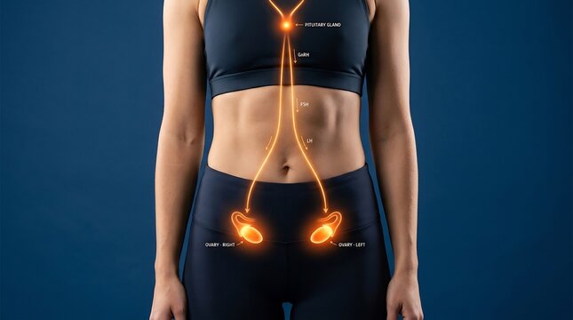 Female Endocrine System Diagram Showing Hormone Pathways and Ovaries