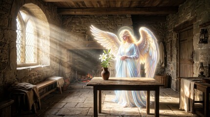 Fototapeta premium Woman angel with glowing wings holding white lily in old stone room with sunlight. Biblical annunciation scene in medieval interior.