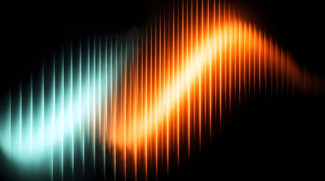 Sinuous glowing wave of vertical cyan and orange light stripes with abstract lin