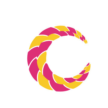 Abstract crescent shape made of interlocking pink and yellow segments