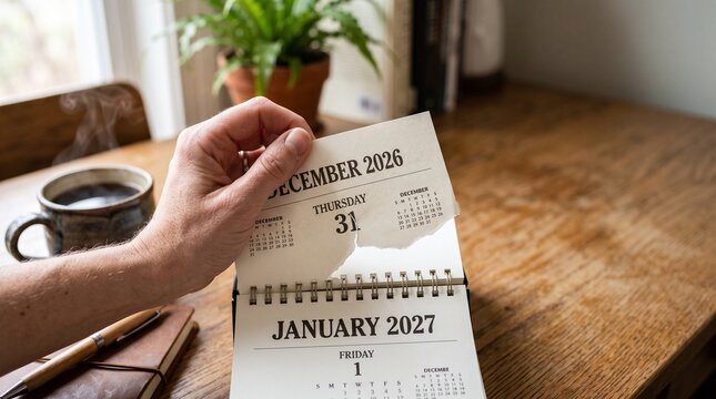 Hand Flipping Calendar From December 31 2026 To January 1 2027 New Year Start