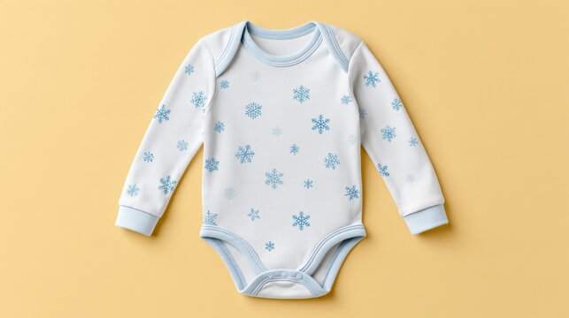 Baby onesie with tiny snowflake pattern, looking proud and cozy, pastel yellow wall, copy space