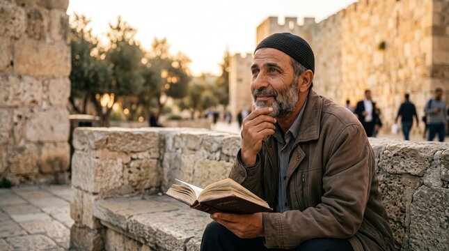 Thoughtful man in kippah reading holy book near ancient stone wall in Jerusalem. Bearded jewish pilgrim praying and reflecting at sunset in old city.