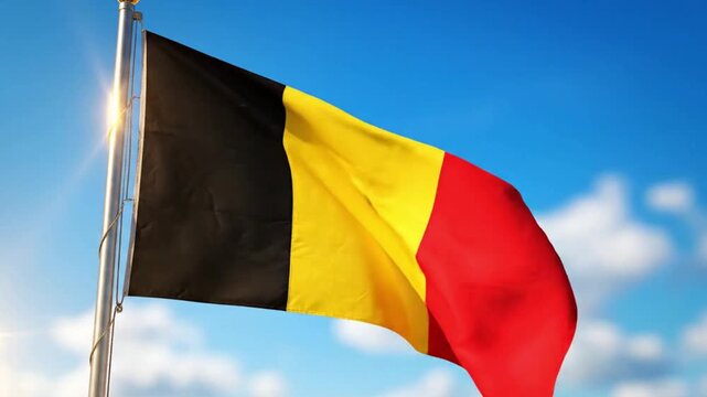 Flag of belgium waving against a blue sky