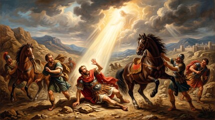 Fototapeta premium Conversion of apostle Paul fallen from horse under divine light from heaven. Biblical scene with Roman soldier and companions in desert landscape.