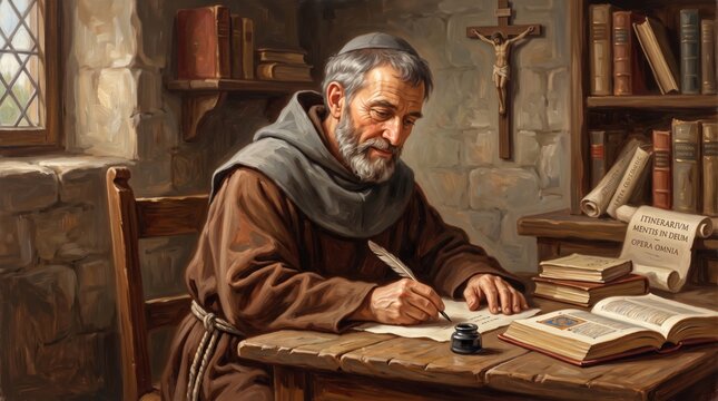 Elderly monk writing with quill pen at wooden desk in medieval monastery. Crucifix and old books surround the friar in his stone study.