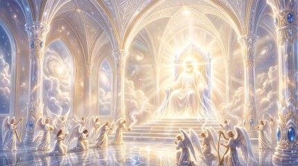 Fototapeta premium God on throne in heavenly palace surrounded by kneeling angels. Radiant divine light fills celestial temple with gothic arches and clouds.