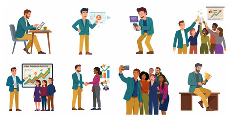 Fototapeta premium Business Professionals Character Set: Teamwork, Success, Social Media Growth, and Achievement Illustrations