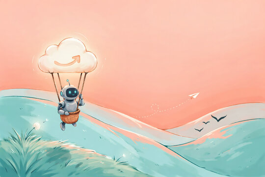 A small cute robot flying in a hot air balloon shaped like a cloud over green rolling hills at sunset with a paper airplane in the distance
