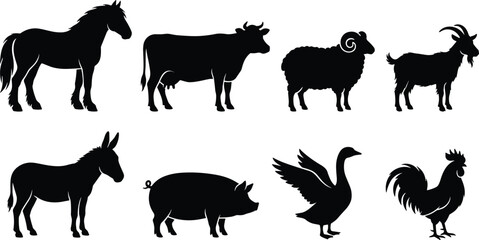 Fototapeta premium Collection of black farm animal silhouettes including horse, cow, ram, goat, donkey, pig, goose, and rooster.