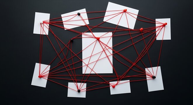 Evidence board with blank paper notes connected by red string against a dark textured background