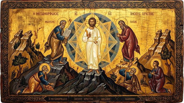 Jesus Christ is transfigured on a mountaintop, radiating light and divine presence. Moses and Elijah stand beside him, while three apostles kneel in awe below.