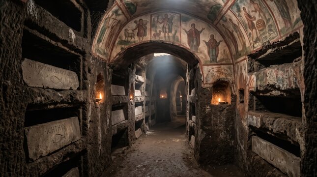 Ancient christian catacomb tunnel with burial niches and fresco of Jesus Christ on ceiling. Candles illuminate dark stone corridor with latin inscriptions.
