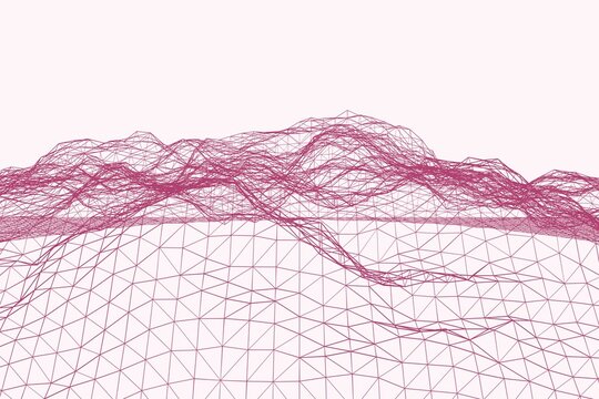 Digital topographic elevation model in magenta line art The Concept of computer graphics simulation