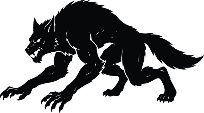 Menacing black and white vector silhouette of a crouching werewolf crawling forward with sharp claws ready for dark fantasy art