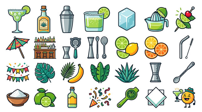 Festive Cocktail and Margarita Day Preparation Vector Icon Set Featuring Bar Equipment and Tropical Garnish Elements