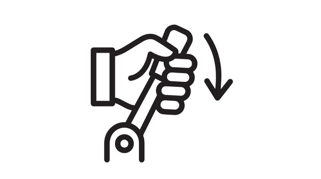Minimalist vector illustration of human hand operating mechanical control lever with downward motion arrow icon design