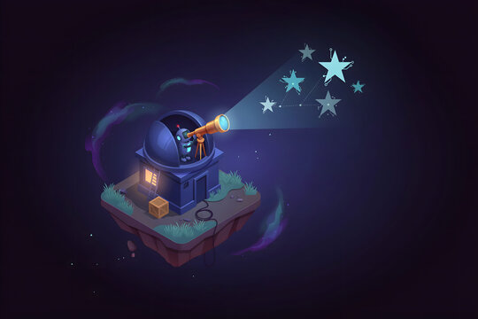 A small robot inside a dark blue observatory on a floating island, using a telescope to project glowing stars into the night sky space