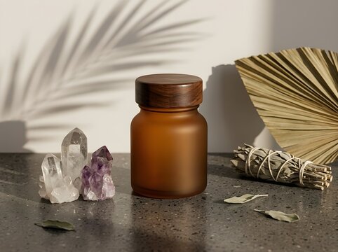 Frosted glass cosmetic jar with wooden cap standing on dark stone table with crystal quartz stones