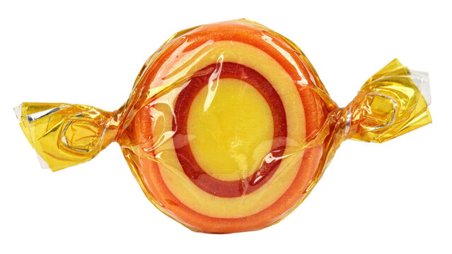 A single round hard candy with concentric rings of yellow, red, and orange wrapped in clear shiny gold foil isolated on a transparent background
