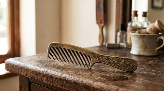 Vintage brass barber comb with engraved pattern on a rustic wooden table in a classic barbershop for men's grooming concept