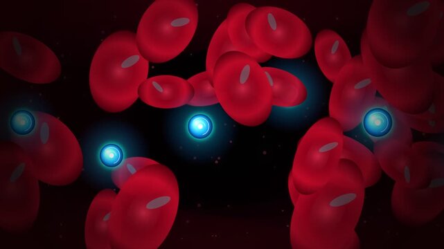 Red blood cells flowing through a human artery with glowing particles