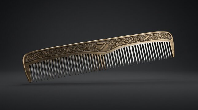 Ornate vintage brass barber comb with engraved filigree pattern for men's grooming and barbershop branding