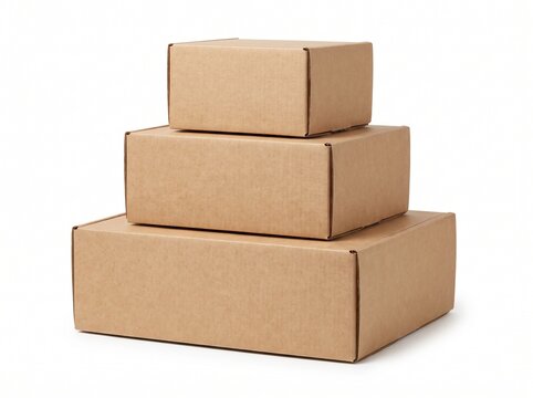 Three stacked cardboard boxes of different sizes on a white background, perfect for shipping, packaging, moving, and storage needs