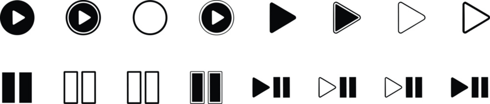 Collection of black and white media player including various play, pause, and combined play-pause button symbols in line and solid styles