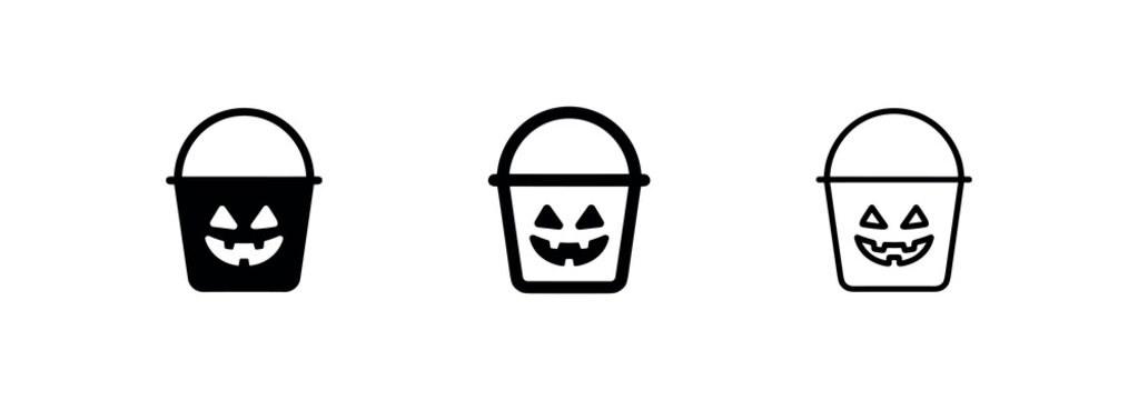 Halloween pumpkin bucket icon set. Trick or treat pail, jack-o'-lantern, spooky candy holder symbol.