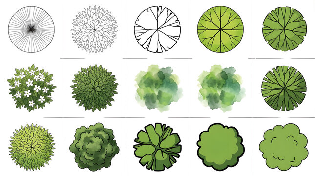 Top-down landscape architecture entourage symbols vector grid set isolated on black background, plan view tree and shrub variations with line art, watercolor washes, and green canopy icons for site de