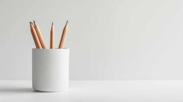 A collection of pencils in a white holder on a plain background