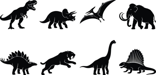 Prehistoric dinosaur and extinct animal silhouette vector icon set featuring t-rex, mammoth, triceratops, and pterodactyl shapes. © Rokon